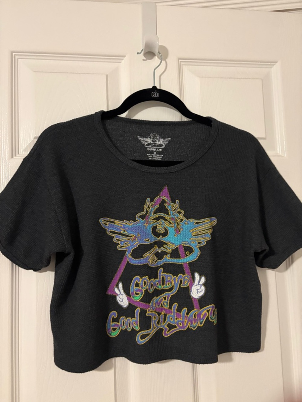 Boys Lie Goodbye and good riddance waffle knit grey cropped T shirt sz Med - Picture 2 of 6